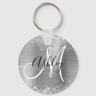 Glittery Silver Foil Black and White Monogrammed Keychain