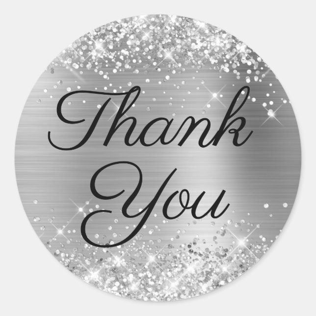 Glittery Silver Foil Black Elegant Thank You Classic Round Sticker (Front)