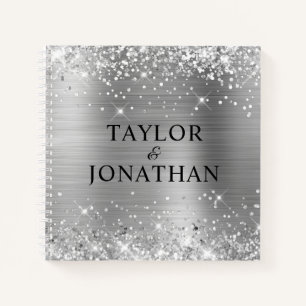 Glittery Silver Foil Bride & Groom Wedding Guest Notebook