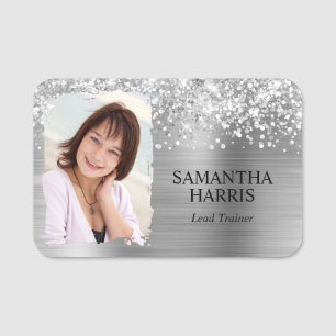 Glittery Silver Foil Brushstroke Photo Name Tag
