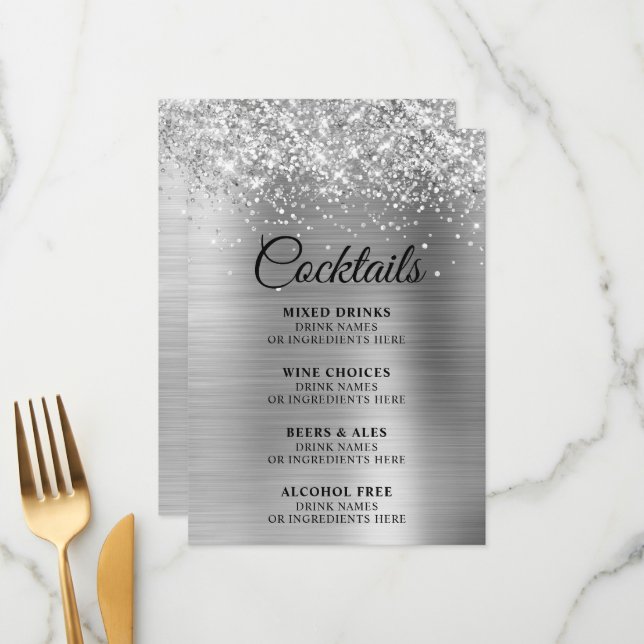 Glittery Silver Foil Cocktails Bar Menu (Front/Back In Situ)