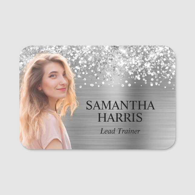 Glittery Silver Foil Cutout Photo Name Tag (Front)