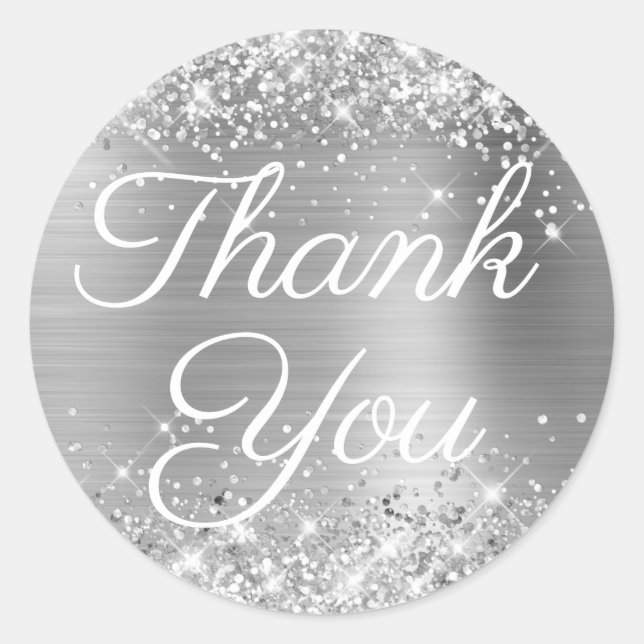 Glittery Silver Foil Elegant Calligraphy Thank You Classic Round Sticker (Front)