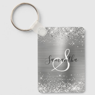 Glittery Silver Foil Elegant Monogrammed Keychain