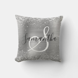 Glittery Silver Foil Elegant Monogrammed Throw Pillow