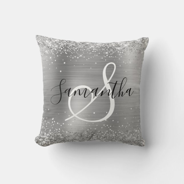 Glittery Silver Foil Elegant Monogrammed Throw Pillow (Front)