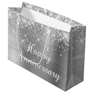 Glittery Silver Foil Fancy Happy Anniversary Large Gift Bag