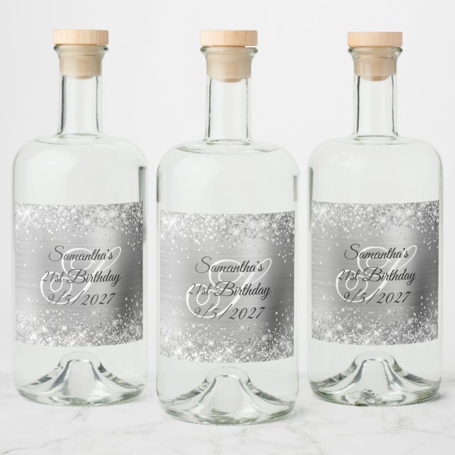 Glittery Silver Foil Fancy Monogram 21st Birthday Liquor Bottle Label (Bottles)