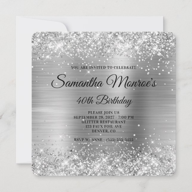 Glittery Silver Foil Fancy Monogram 40th Birthday Invitation (Front)