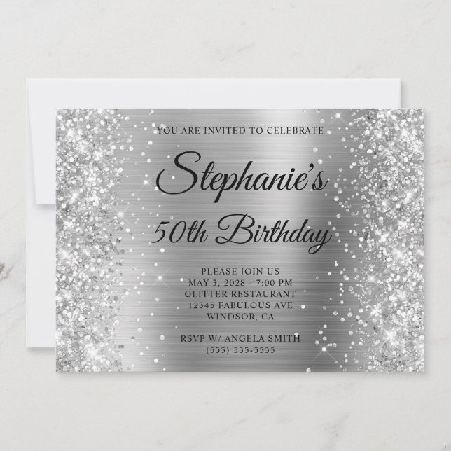 Glittery Silver Foil Fancy Monogram 50th Birthday Invitation (Front)