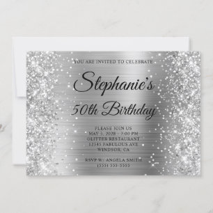 Glittery Silver Foil Fancy Monogram 50th Birthday Invitation