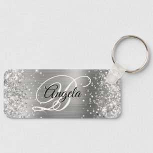 Glittery Silver Foil Fancy Monogram Keychain