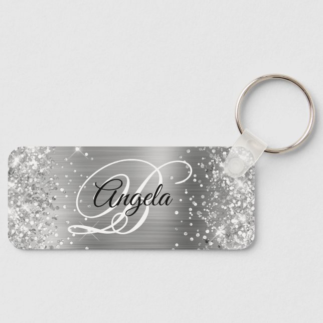 Glittery Silver Foil Fancy Monogram Keychain (Front)
