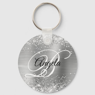 Glittery Silver Foil Fancy Monogram Keychain