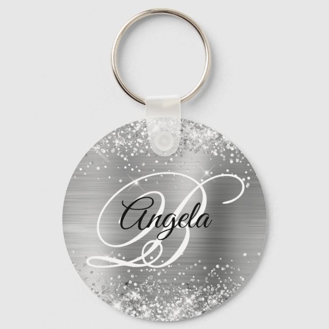 Glittery Silver Foil Fancy Monogram Keychain (Front)