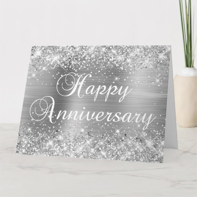 Glittery Silver Foil Happy Anniversary Card (Front)