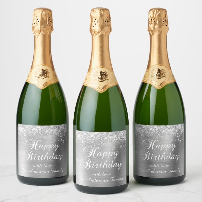 Glittery Silver Foil Happy Birthday Sparkling Wine Label (Bottles)