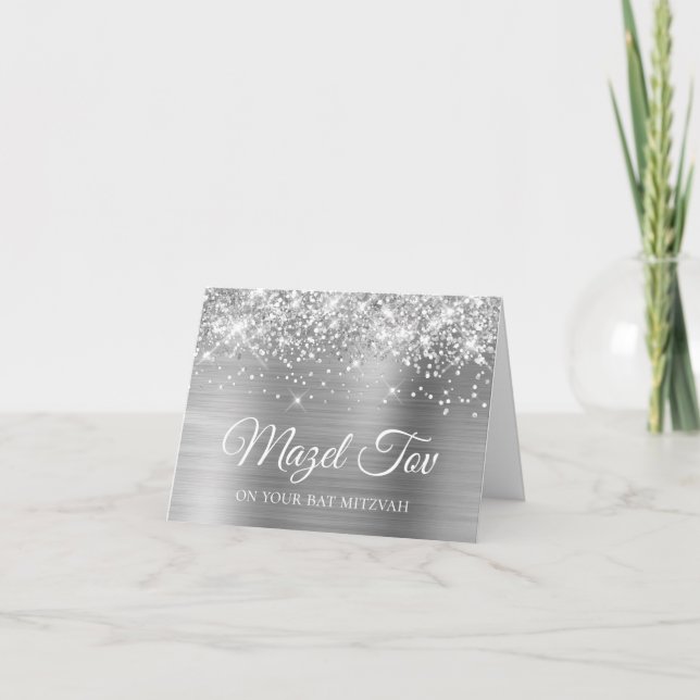 Glittery Silver Foil Mazel Tov on your Bat Mitzvah Card (Front)