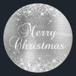 Glittery Silver Foil Merry Christmas Classic Round Sticker<br><div class="desc">Fancy calligraphy Merry Christmas envelope seal stickers for your special holiday greetings or invite. Girly faux sparkly silver glitter on the top and bottom edge over a faux silvery grey stainless steel brushed metal style ombre foil. The colour of the old-fashioned text graphic can be changed. The main colours in...</div>