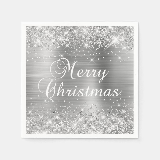 Glittery Silver Foil Merry Christmas Napkin (Front)