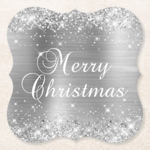 Glittery Silver Foil Merry Christmas Paper Coaster
