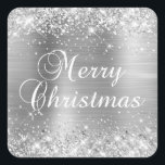 Glittery Silver Foil Merry Christmas Square Sticker<br><div class="desc">Fancy calligraphy Merry Christmas party favour stickers for their special celebration. Girly faux sparkly silver glitter on the top and bottom edge over a faux silvery grey brushed metal style ombre foil. The colour of the holiday text graphic can be changed. The main colours in this girly design are silver,...</div>