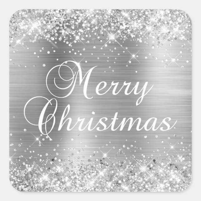 Glittery Silver Foil Merry Christmas Square Sticker (Front)