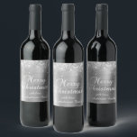 Glittery Silver Foil Merry Christmas Wine Label<br><div class="desc">Fancy calligraphy Merry Christmas wine label stickers for your special holiday gifts. Faux sparkly silver glitter on the top and bottom edge over a faux silvery grey stainless steel brushed metal style ombre foil. The colour of the old-fashioned text graphic can be changed. The main colours in this girly design...</div>