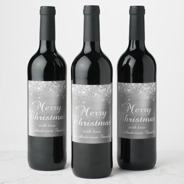 Glittery Silver Foil Merry Christmas Wine Label (Bottles)