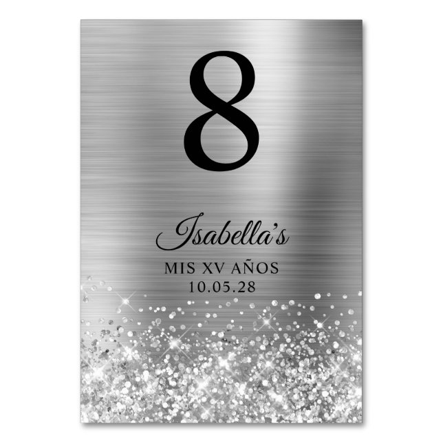 Glittery Silver Foil Mis XV Anos Table Number (Front)