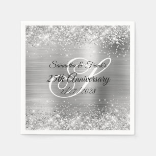 Glittery Silver Foil Monogrammed 25th Anniversary Napkin
