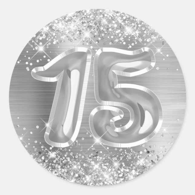 Glittery Silver Foil Number 15 Birthday Classic Round Sticker (Front)