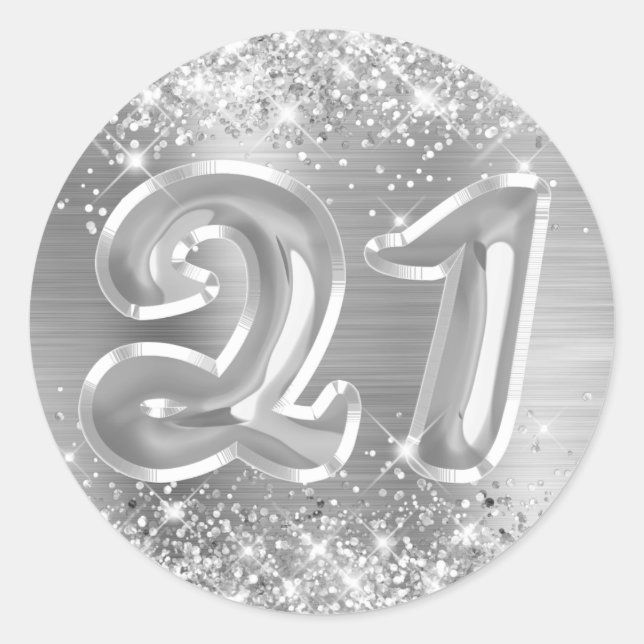 Glittery Silver Foil Number 21 Birthday Classic Round Sticker (Front)