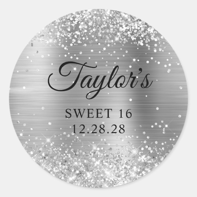 Glittery Silver Foil Sweet 16 Classic Round Sticker (Front)