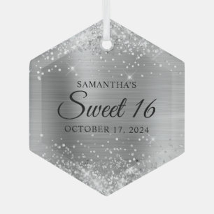 Glittery Silver Foil Sweet 16 Glass Ornament