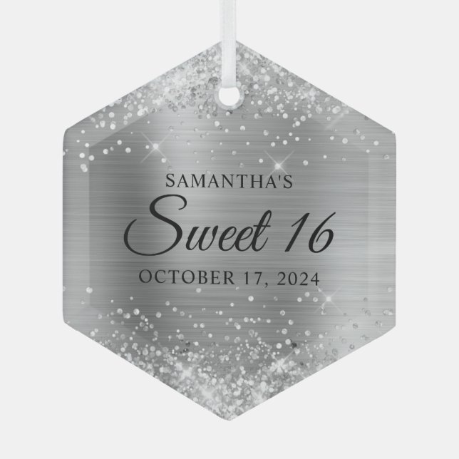 Glittery Silver Foil Sweet 16 Glass Ornament (Front)