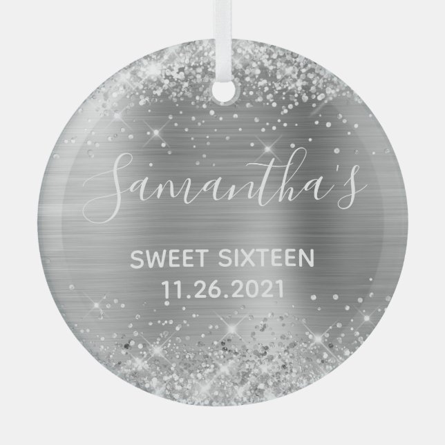 Glittery Silver Foil Sweet 16 Glass Ornament (Front)