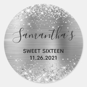 Glittery Silver Foil Sweet Sixteen Classic Round Sticker