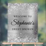 Glittery Silver Foil Sweet Sixteen Welcome Acrylic Sign<br><div class="desc">Create your own 16th birthday party welcome 18x24 vertical acrylic sign for your daughter. Replace the sample image with your own family photo. Customize the modern elegant calligraphy with a modern all caps style font to create your own personalized sign. The background features a faux sparkly silver glitter with a...</div>