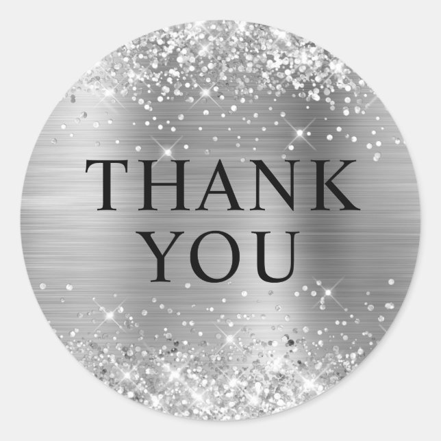 Glittery Silver Foil Thank You Classic Round Sticker (Front)