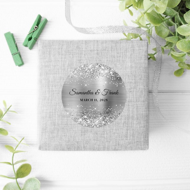 Glittery Silver Foil Wedding Classic Round Sticker (Wedding Favor Stickers)