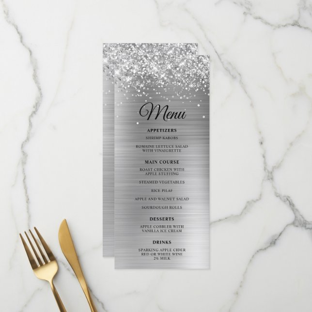 Glittery Silver Foil Wedding Reception Menu (Front/Back In Situ)