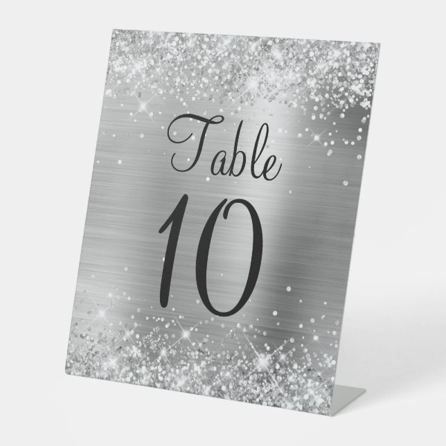 Glittery Silver Foil Wedding Table Number Sign (Front)