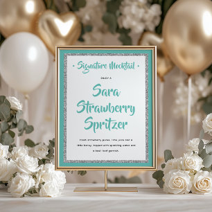 Glittery Silver Frame Signature Mocktail Teal Poster