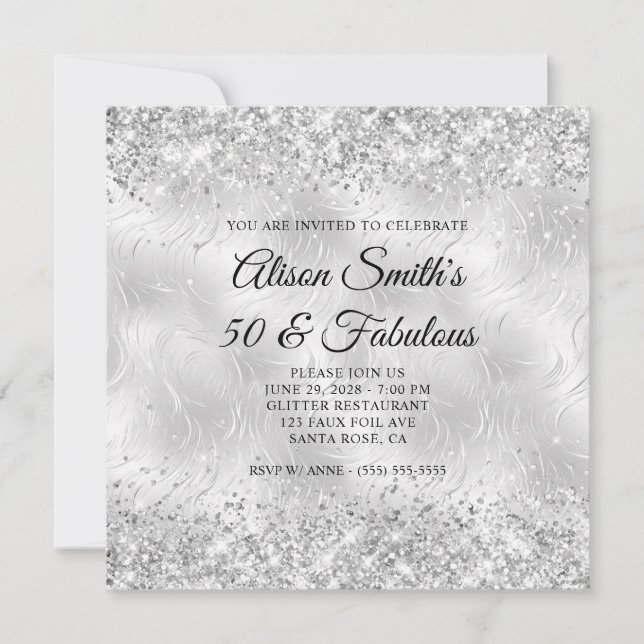 Glittery Silver Frosted Glass 50 & Fabulous Invitation (Front)