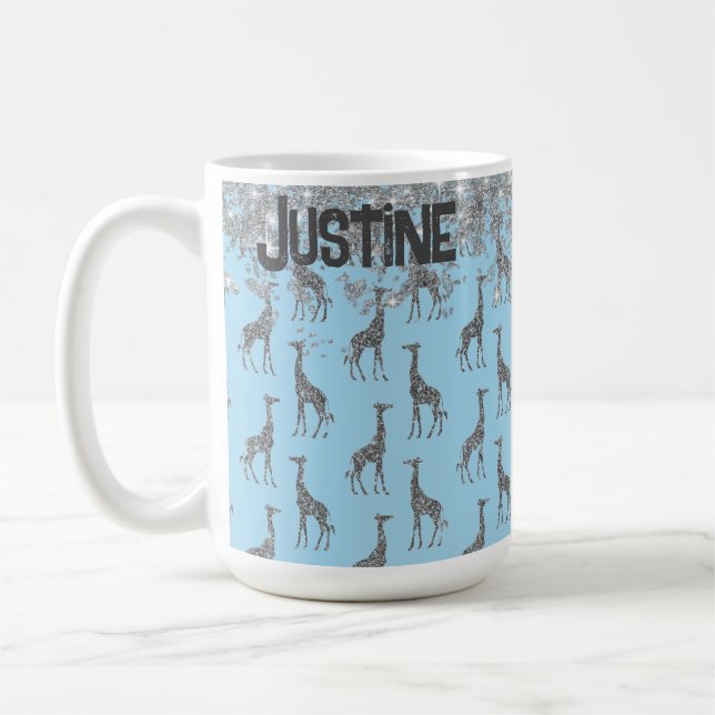 Glittery Silver Giraffe on Blue Personalized Coffee Mug (Left)