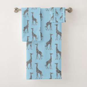 Glittery Silver Giraffe on Dreamy Blue          Bath Towel Set