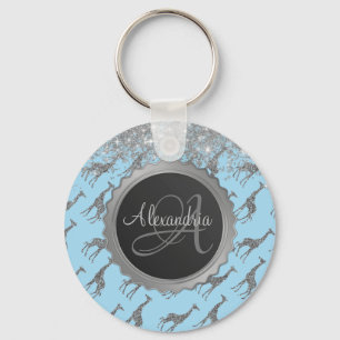 Glittery Silver Giraffe on Dreamy Blue Monogram Keychain