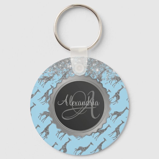 Glittery Silver Giraffe on Dreamy Blue Monogram Keychain (Front)