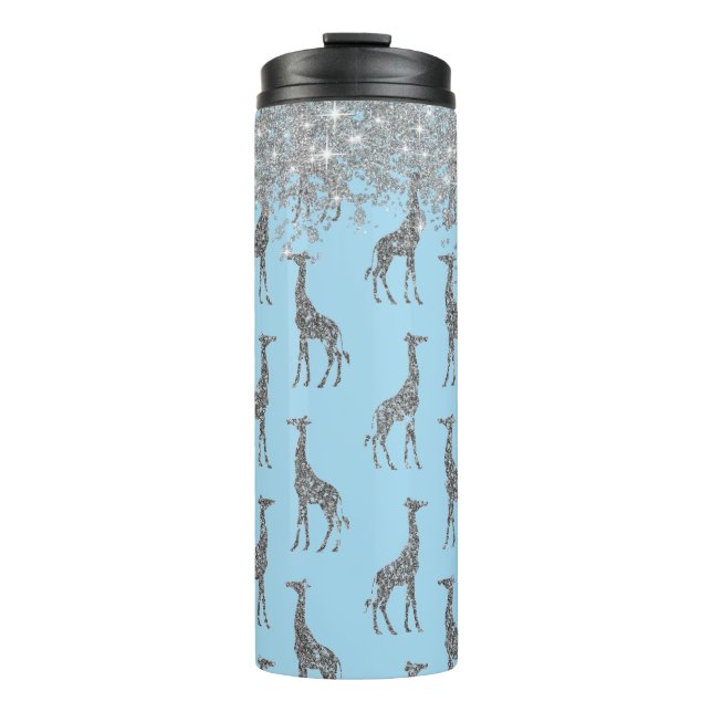 Glittery Silver Giraffe on Dreamy Blue     Thermal Tumbler (Front)
